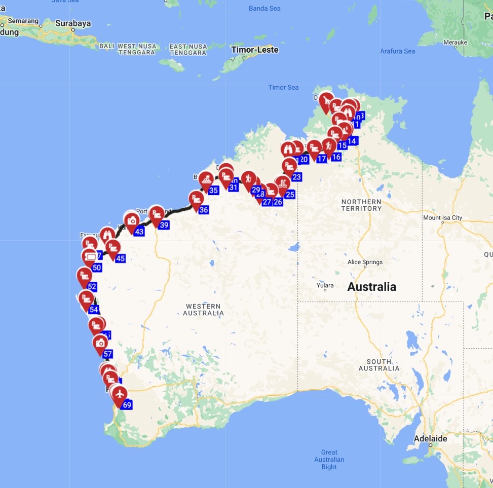 Map for Darwin to Perth - Top End to Western Wonders